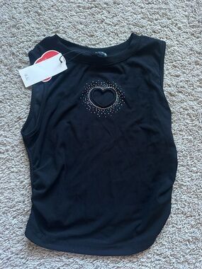 Cider Round Neckline Heart Cut Out Rhinestone Tank Top (S)